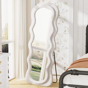 <span class=keywords><strong>Espejo</strong></span> de Pie con <span class=keywords><strong>Marco</strong></span> de MDF <span class=keywords><strong>Blanco</strong></span>/Morado Personalizado, Diseño de Onda para Decoración de Sala de Estar, Material de Vidrio y Terciopelo - Product Image 1