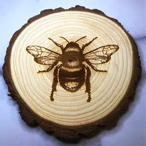 Engraved Wood Slice Bee Coaster Custom Wood Coaster Set with handmade bone and Brass Inlay Made In India