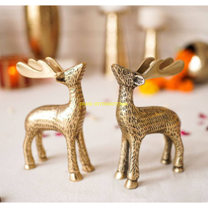 Pair of Golden Brass Reindeer Figurines <b>Decorative</b> Deer Statues Handmade Metal Animal Sculptures for Home Hotel Office <b>Christmas</b> - Product Image 1
