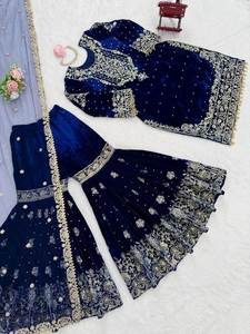 Indian Designer Viscose Velvet Cording Dori Embroidery with <b>Sequence</b> & Thread Work and Pearl Work <b>Top</b> & Sharara With Dupatta - Product Image 4