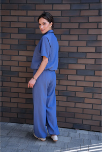 Set sportivo estivo da donna su misura di <span class=keywords><strong>lino</strong></span> <span class=keywords><strong>blu</strong></span> di alta qualità include Polo a maniche corte e pantaloni larghi elastici - Product Image 3