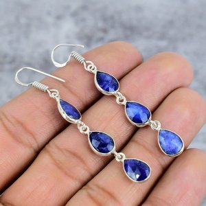 Pendientes de Plata de Ley 925 con Gema de Zafiro Azul Teñido de Moda, Novedad, para Mujer, para Bodas y Fiestas - Product Image 4