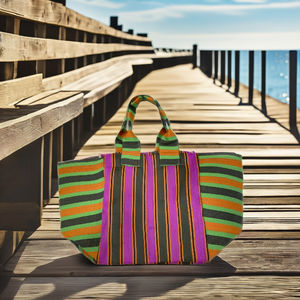 Sacs de plage en nylon recyclé avec poche pour bouteille Sacs de plage à rayures en plastique recyclé fabriqués en Inde - Product Image 1