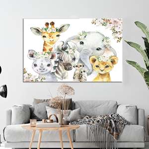 Arte Impreso en Lienzo: Vibrantes Animales de Safari en Acuarela para Decoración de Habitaciones Infantiles, Lienzo Enrollado - Product Image 1