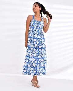 Robe longue à fleurs bleues écologiques Col licou en coton doux et détail de cravate Service OEM lavable disponible - Product Image 3