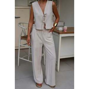 Beige <b>Linen</b> Set with Front Bow - Beige - Product Image 6