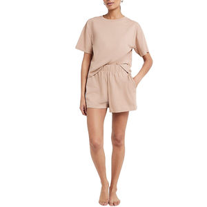 Conjunto de Pijamas para Mujer, Ropa de Dormir de 2 Piezas, Conjunto Corto Personalizado, Camiseta y Pantalones Cortos, Patrón Sólido, Térmico, Venta al por Mayor, Personalizado para Mujer, de Seda y Terciopelo - Product Image 1