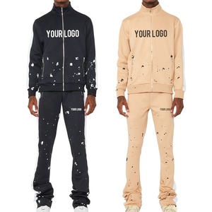 Latest custom paint <b>black</b> flared men tracksuit streetwear style <b>women</b> stacked <b>pants</b> two piece sweat suit set with pockets - Product Image 6