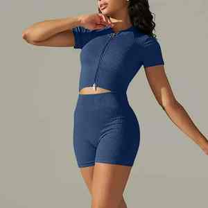 Logotipo personalizado sin costuras acanalado sólido traje deportivo con cremallera camisetas de manga corta Scrunch Butt medio de longitud completa pantalones cortos conjuntos Yoga Running - Product Image 2
