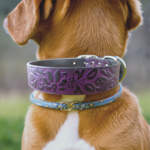 Collier de chien en cuir violet noir de 1 pouce réglable et durable avec motif floral gothique violet en relief Accessoire pour animaux de compagnie sur mesure - Product Image 5