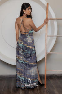 Robe longue sans manches à bretelles spaghetti délicates avec taille cintrée à imprimé géométrique abstrait pour les événements de soirée - Product Image 5