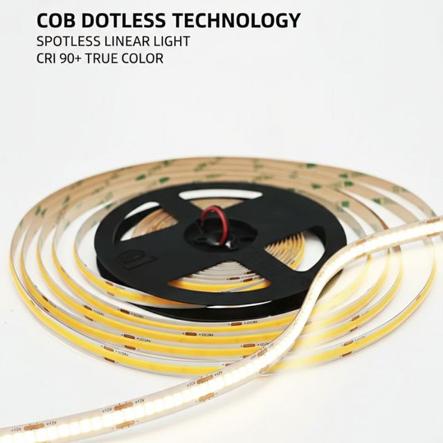 DC12V 24V COB LED Strip Light CRI90 Dotless Flexible Tape Seamless Linear Lighting for Under Cabinet Kitchen Display