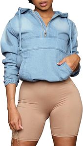 Sweat à capuche en jean pour femme, demi-zip, pull-over, haut en jean - Product Image 3