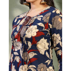 Kurta Recta de Algodón con Estampado Floral Azul para Mujer, Cuello Redondo, Largo hasta la Pantorrilla, Primavera/Verano, Top de Popelina XL, Estilo Coreano con Patrón a Cuadros - Product Image 5