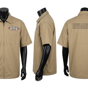<b>Men</b> Khaki Short Sleeve <b>Zip</b> <b>Up</b> Workwear <b>Shirt</b> Turn Down Collar Chest Pocket Letter Print Back - Product Image 2