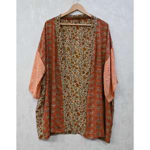 Robe Kimono Courte en Soie Patchwork Grande Taille Respirante Décontractée Longueur Genou Imprimé Floral Bohème Indien Fait Main Col en V - Product Image 1