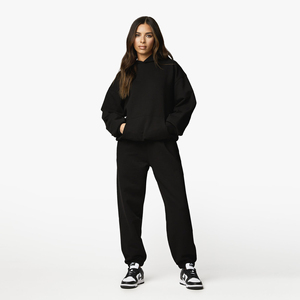Wholesale Women's Dtg Custom Hooded Collar Plain Drawstring Black Fleece High Street Style Winter Two-Piece Women Tracksuit Sets - Product Image 1