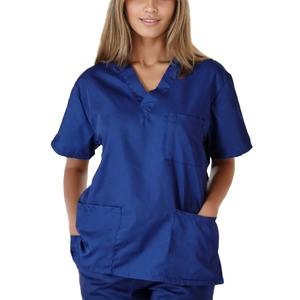 Uniformes de gommage à col en V bleu pour femmes haut de gommage à manches courtes multi-poches pour l'hôpital et le toilettage des animaux de compagnie - Product Image 3