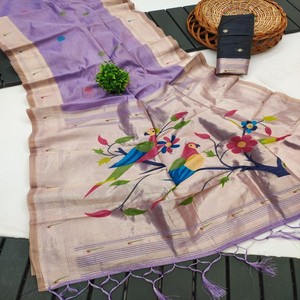 Sari VASTRA COTTAGE de Algodón Muga Puro y Suave con Tejido Meenakari, Pallu Rico con Borde de Zari Munia y Blusa de Algodón en Contraste - Product Image 6