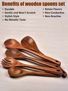 Cuillères de cuisine en bois, ensemble d'ustensiles de cuisine pour le service, cuillère en bois d'acacia, ustensiles de cuisine essentiels pour l'appartement, coin en bois - Product Image 6