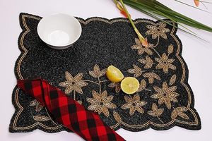Beaded Design <b>Table</b> <b>Mat</b> Black & Golden Flower Decorative Round Placemat for Wedding & New Year Celebration - Product Image 5