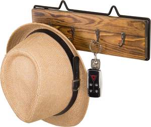 Estante organizador de almacenamiento de llaves de madera quemada sólida rústica montada en la pared con marco de Metal negro y 4 ganchos, cordón de llave de entrada - Product Image 4