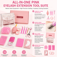Kit de démarrage pour extensions de cils : applicateurs roses, pinces, supports pour anneaux de colle, bandes adhésives pour cils, tapis de travail et brosse de nettoyage
