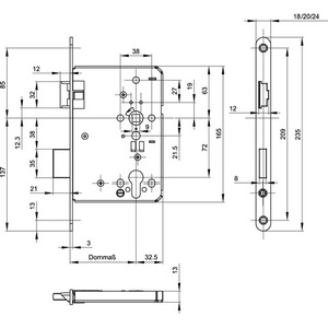 Serrure de porte coupe-feu gauche BKS 24/65/72/9mm DIN, 24mm, argentée, pour casiers de rangement - Product Image 3