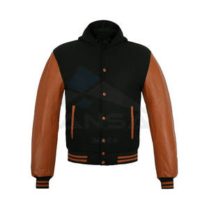 Veste universitaire traditionnelle pour homme en laine mélangée de qualité supérieure avec manches en cuir véritable à 100 %, bordure côtelée, noir, marron, capuche - Product Image 1