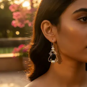 Elegant Women's 925 Silver <b>Black</b> Onyx Dangle <b>Earrings</b> with <b>Gold</b> Plating Pendant and Drop Style for Parties - Product Image 3