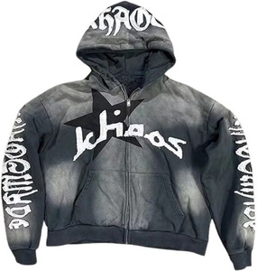 Hot Selling Customized <b>Distressed</b> Embroidered Patch Hoodie and Sweatpants Set Man's Zip-up Acid Washed Tracksuit for Winter - Product Image 6