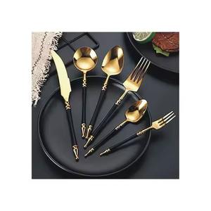 Ensemble de couverts en acier inoxydable de luxe durable avec manche noir mat et tête dorée, poli miroir, réutilisable pour la cuisine et la salle à manger - Product Image 1