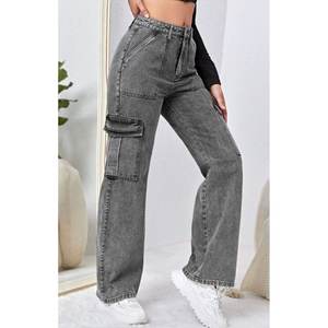 Pantalones vaqueros cargo grises de cintura alta estilo coreano para mujer, con múltiples bolsillos, estilo urbano, modernos, duraderos, tallas 26-40 - Product Image 4