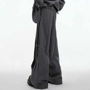 2024 corée haute rue mode mâle pantalon Niche pli conception ample décontracté jambe large tombante cuir pantalon bouton mouche toile - Product Image 1