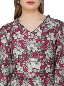 Sati Factory femmes décontracté robe d'été bordeaux blanc imprimé fleuri à plusieurs niveaux Maxi col en v manches longues taille tombée robe de bal - Product Image 6