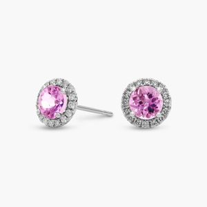 Boucles d'oreilles élégantes en argent sterling 925 avec pierres précieuses roses et halo de zircone cubique pour femmes, bijoux en gros - Product Image 1