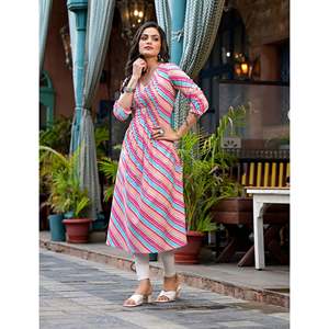 Multi Cotton Casual Straight Kurti Breathable Lehariya Design XS Size Floor-Length Knee-Length Options Natural ODM for Club Day - Product Image 3