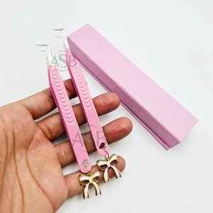 <b>Pink</b> Colored Eyelash Tweezers Private logo Stainless Steel 90 Degree Volume Tip New Style Lash Tweezers With <b>Bow</b> Charm - Product Image 5