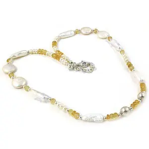 "Crystal Gemstone <b>Necklace</b> <b>Pearl</b> & Citrine in Sterling Silver for Women" - Product Image 1