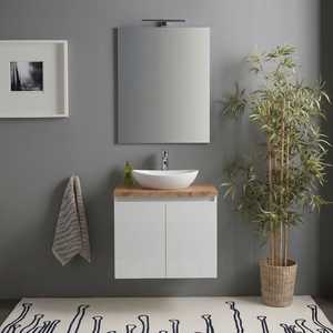 60cm High Gloss <b>White</b> Suspended Bathroom Cabinet Featuring Natural Oak Top <b>Mirror</b> and Baltimora Lamp - Product Image 1