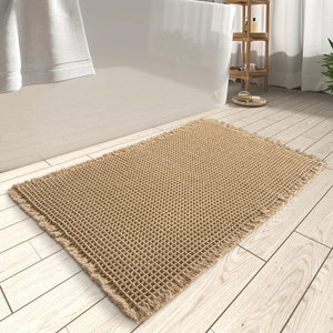 Tapis de bain rectangulaire minimaliste en coton tricoté, couleur unie beige, séchage rapide, avec support en microfibre et mousse à mémoire de forme pour sol de salle de bain - Product Image 4