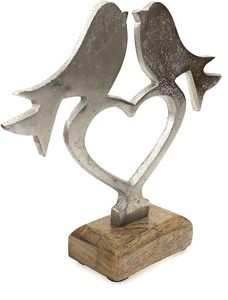 Decorative Figurine <b>Birds</b> on Heart 17 cm Mango Wood Base Solid Natural Brown Metal Aluminium Silver <b>Bird</b> <b>Stand</b> Spring Summer - Product Image 3