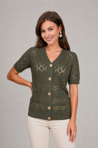 Cárdigan de algodón orgánico con cuello en V para mujer, manga corta, tejido pointelle, blusa hueca sostenible con botones y fruncido translúcido - Product Image 4