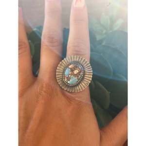 Navajo Golden Hill's <b>Statement</b> <b>Ring</b> Turquoise Sterling <b>Silver</b> Bezel Setting Vermeil Plating Geometric Size 7.75 Everyday Wear - Product Image 2