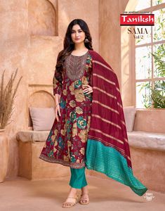 Indien et pakistanais portent une décharge verticale lourde imprimée avec broderie haut bas et lourd Dupatta par Maruti Fashion - Product Image 4