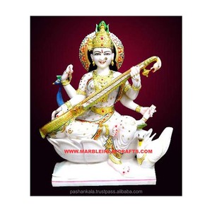 Polished Pure White Marble Beautiful <b>Gold</b> Painted Religious Goddess Saraswati Mata Sitting On Lotus Custom <b>Statues</b> - Product Image 1