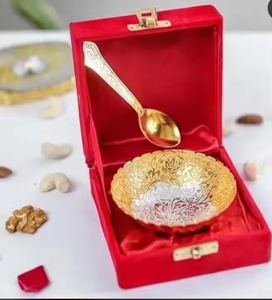 Cuillère bol plaqué or et argent avec boîte en velours Annaprasana décorative en laiton Fruits secs pour Halloween mariage cadeaux de retour - Product Image 1