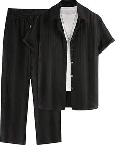 ชุดสูทชายสไตล์ฮาวายแบบใหม่ ระบายอากาศได้ดี ผ้าถัก แขนสั้น กางเกงขาสั้น แฟชั่นสตรีท สไตล์ชายหาด - Product Image 1