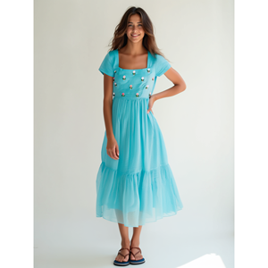 Vestido Midi Romántico para Mujer, Más Vendido, con Cuello Cuadrado de Crochet, Estilo Imperio, Elegante para el Día, Fiestas y Eventos - Product Image 2