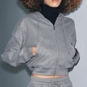 Sudadera de cuello redondo para mujer con capucha con cordón ajustable Cierre de cremallera frontal de metal Manga larga Interior de lana suave para el calor - Product Image 4